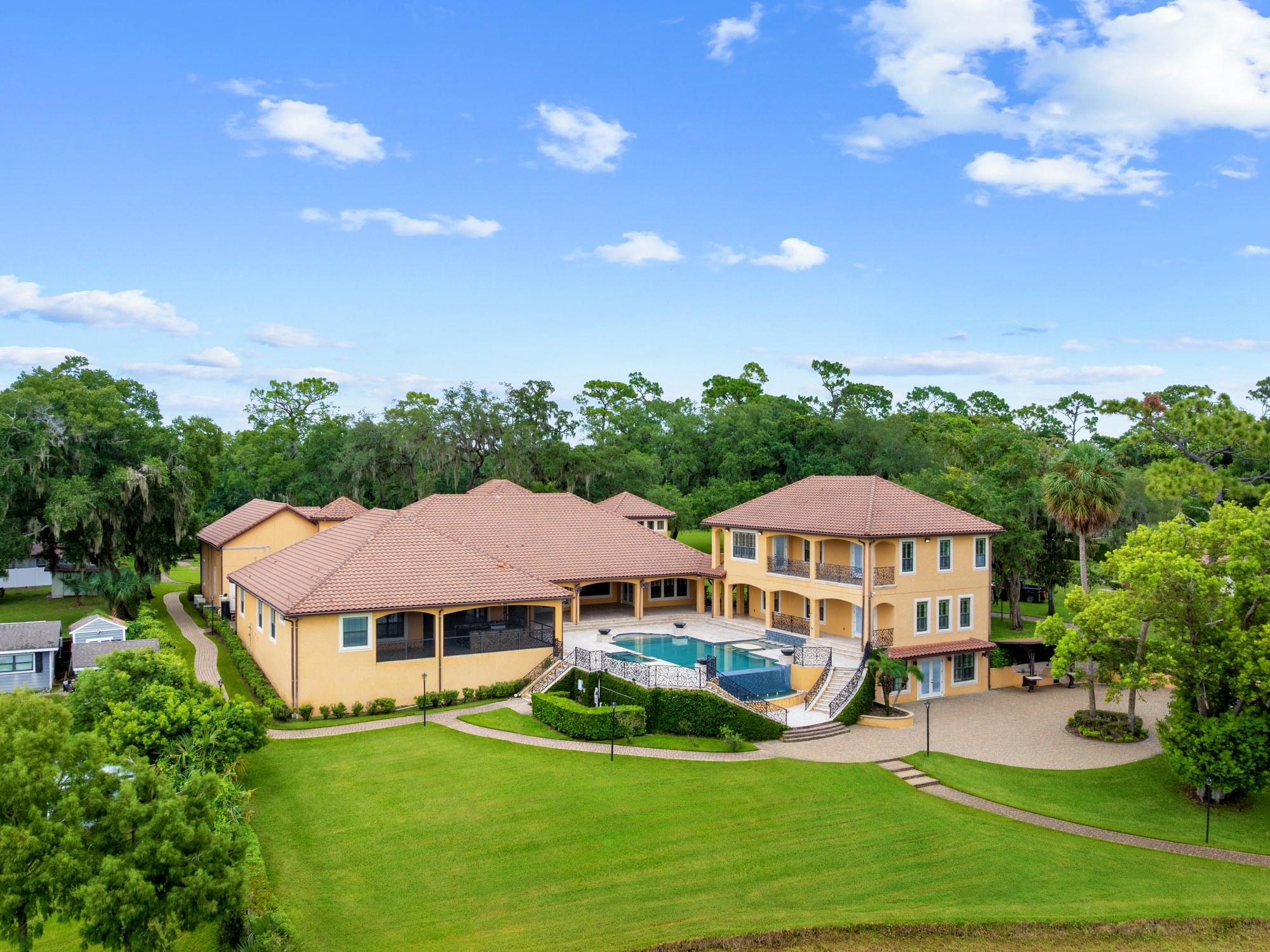 Aerial view of the fully detached three story private guest residence